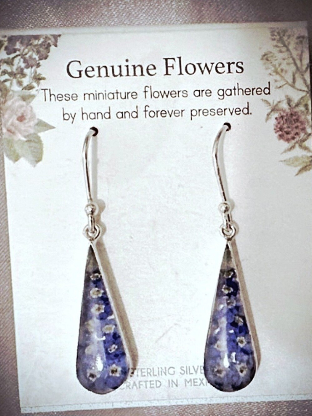 Genuine PRESSED FLOWERS STERLING SILVER and Blue DROP DANGLE EARRINGS